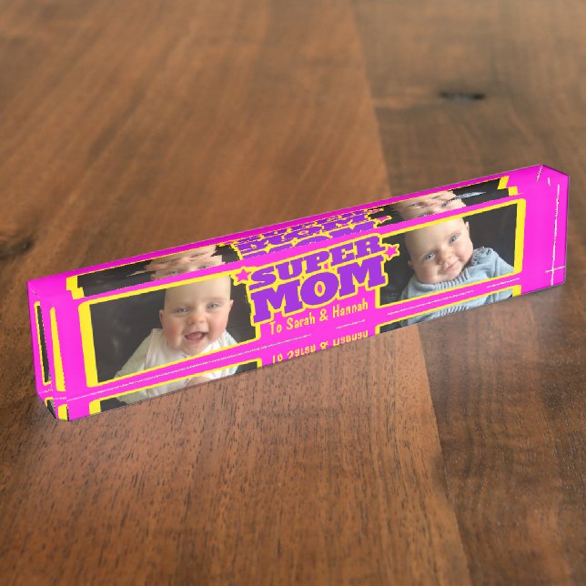 Super Mom pink kids name and photo desk plaque Nameplate (Side)