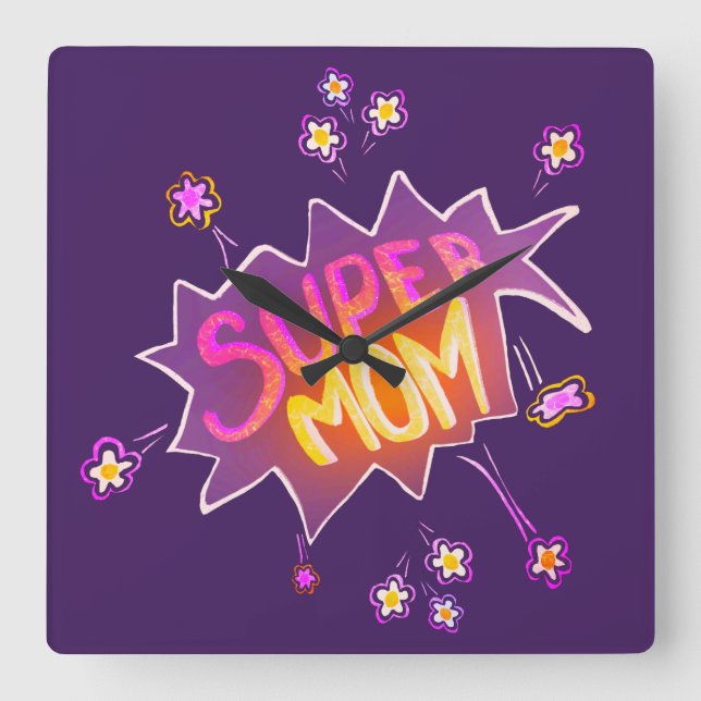 Super Mom Pink Neon Flower Comic Bubble  Square Wall Clock (Front)
