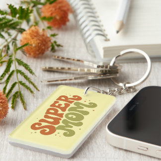 SUPER MOM Playful Retro Groovy Typography Keychain