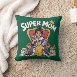Super Mom Queen Sitting on Throne Cartoon Throw Pillow