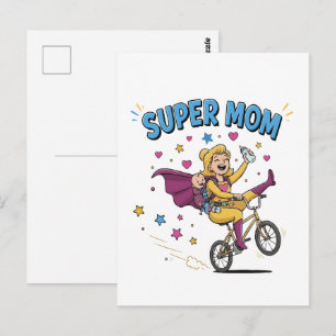 Super Mom Superhero Riding Bike with Baby Gift Postcard