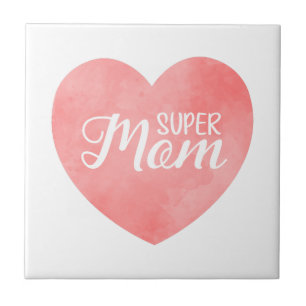 Super Mom text in pink painted heart Tile