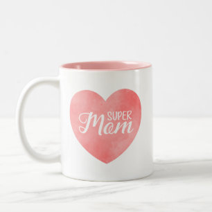 Super Mom text in pink painted heart Two-Tone Coffee Mug