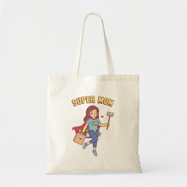 Super Mom With Cleaning Brush and Groceries Funny Tote Bag (Front)