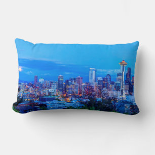 Super Moon rising near Seattle skyline Lumbar Pillow