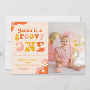 Super One Retro First Birthday Photo Invitation
