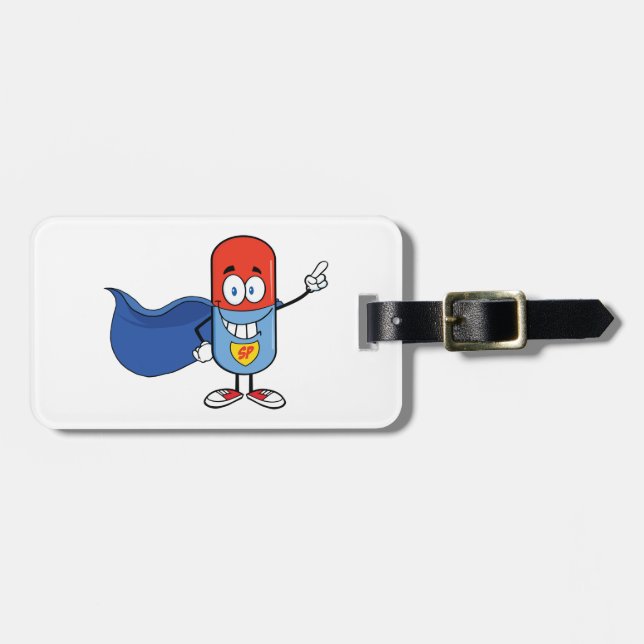 Super Pill Cartoon Hero Character Luggage Tag (Front Horizontal)
