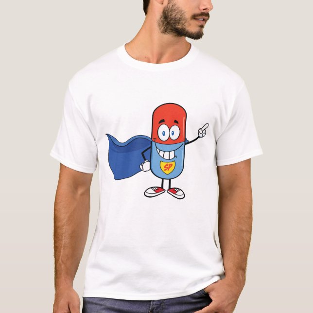 Super Pill Cartoon Hero Character T-Shirt (Front)