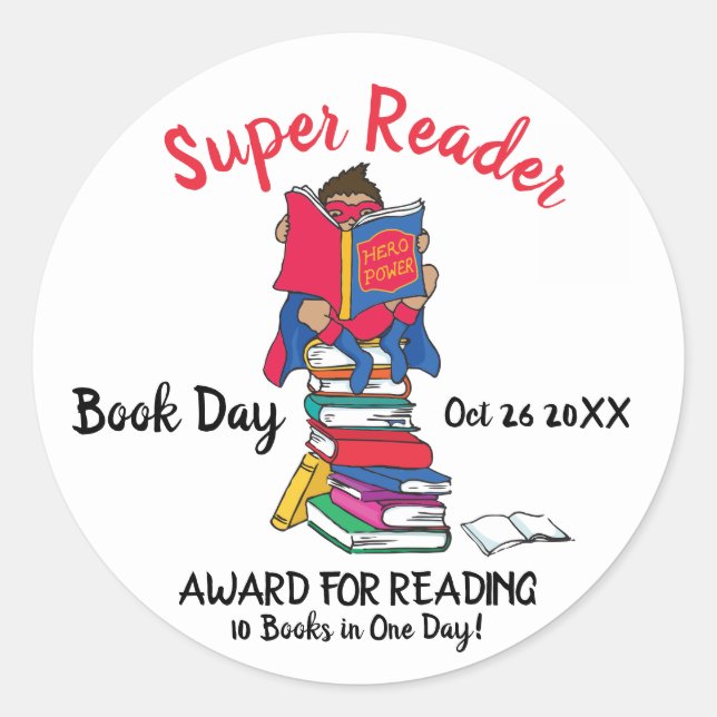 Super reader boy on books reading book day classic round sticker (Front)