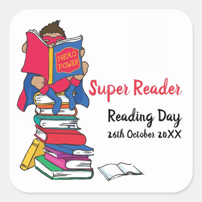 Super reader boy on books reading day square sticker (Front)