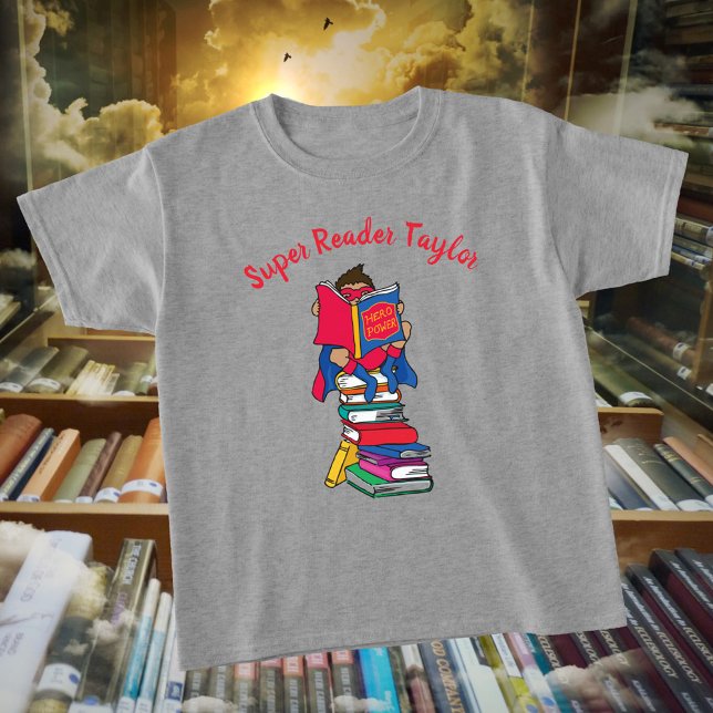 Super reader cartoon style boy on books T-Shirt (Creator Uploaded)