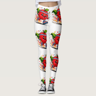 Super Red Apple Running Cartoon Fitness Mascot Leggings
