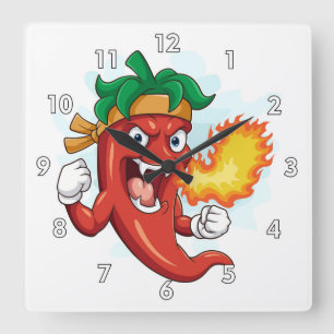 Super Red-Hot Cartoon Chili Pepper Square Wall Clock