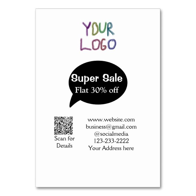 super sale business discount scan QR code details  Table Number (Front)