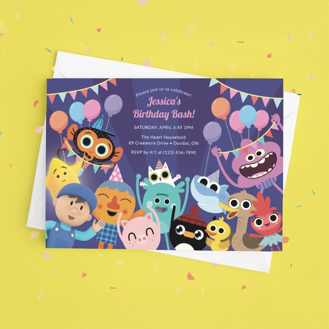 Super Simple Characters Festive Birthday Invitation (Invitation on table)