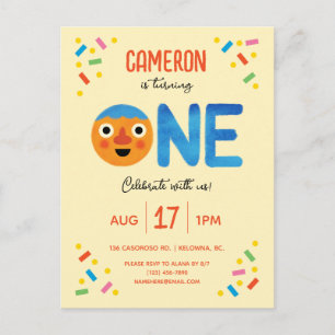 Super Simple Noodle & Pals Confetti 1st Birthday Postcard