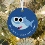 Super Simple Songs | Custom Finny First Christmas Metal Ornament<br><div class="desc">Add a splash of fun to your holiday décor with this customizable Finny the Shark Christmas ornament from Super Simple Songs! This festive round ornament features a cheerful illustration of Finny the Shark with big cartoon eyes and a bright smile, surrounded by a bold blue border. The text around the...</div>