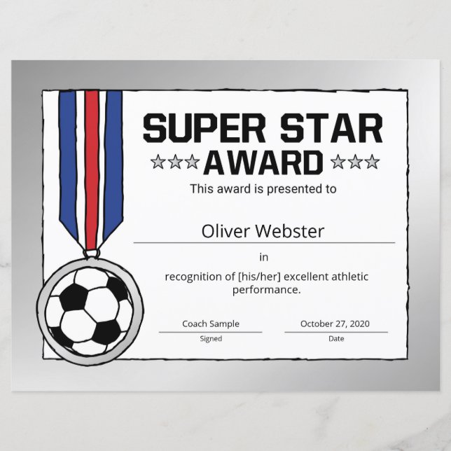 Super Star Soccer Player Award Soccer Certificate (Front)