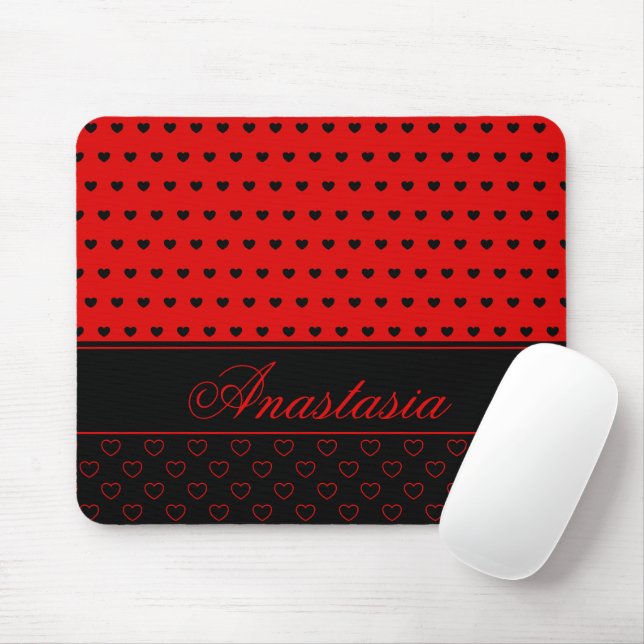 Super Stylish Red And Black Hearts Custom Name Mouse Pad (With Mouse)