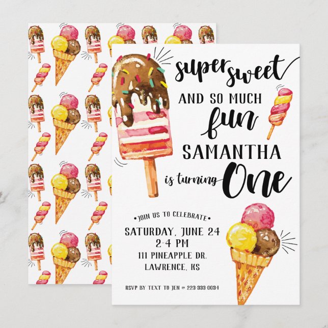 Super Sweet Ice Cream First Birthday Invitation (Front/Back)
