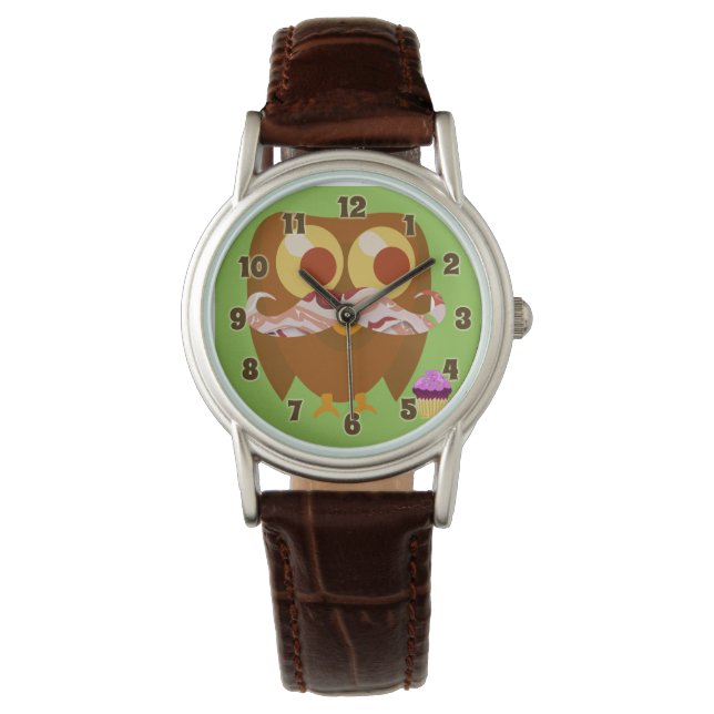 Super Trendy Bacon Moustache Owl Watch (Front)