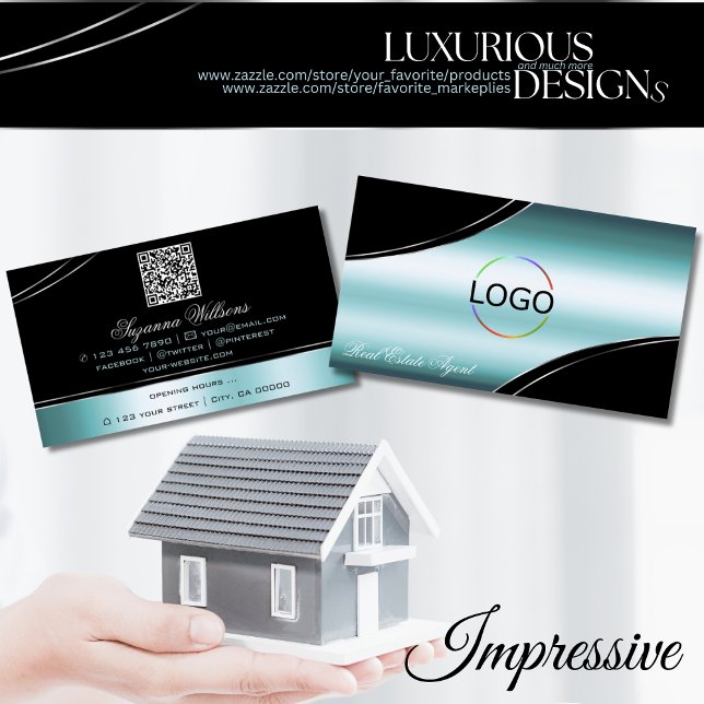 Superb Black Teal Curved Decor Lines Logo QR Code Business Card (Creator Uploaded)