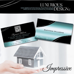 Superb Black Teal Curved Decor Lines with QR Code Business Card