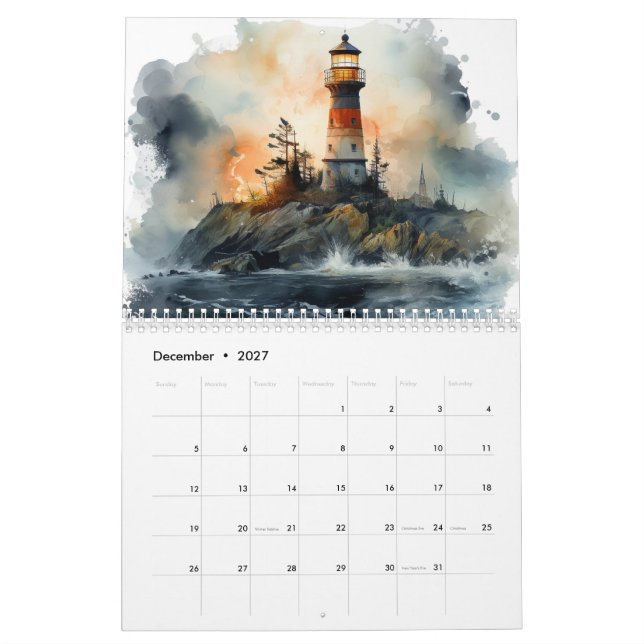 Superbe aquarelle phare 12 mois Calendrier (Dec 2027)