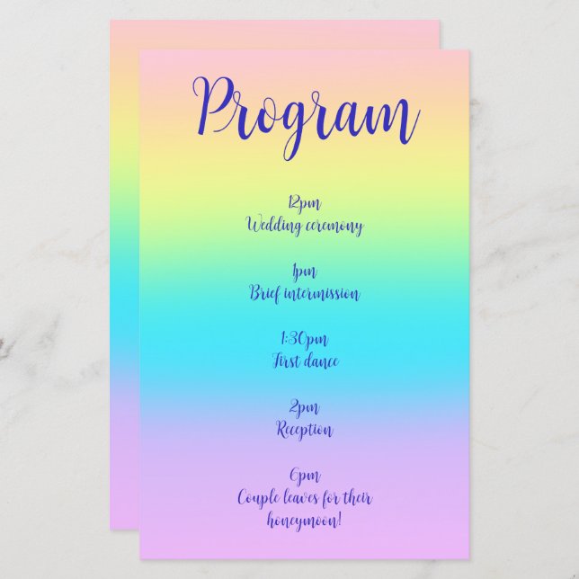 Superbe Pastel Rainbow Gradient Wedding Programme (Devant / Derrière)