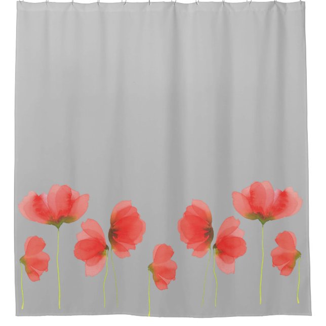 Superbe rideau de douche gris et rouge à fleurs (Devant)