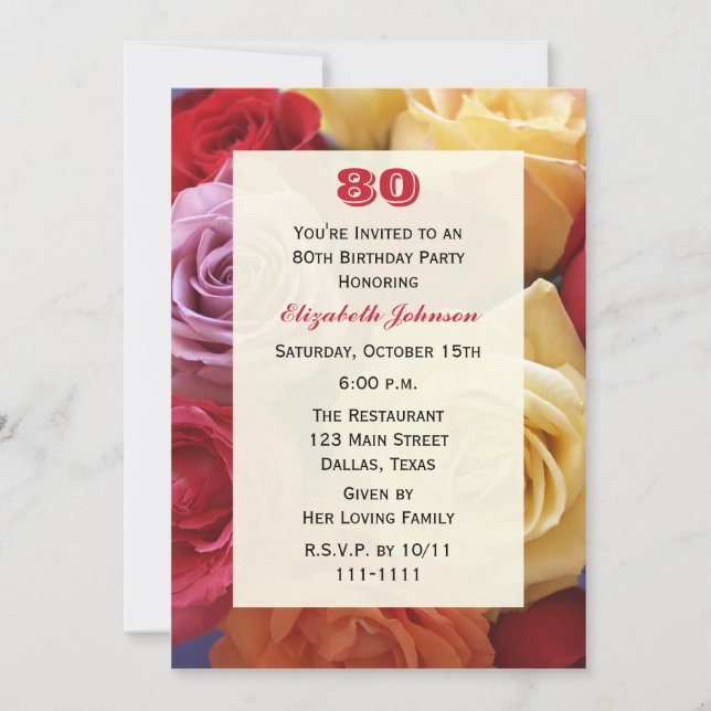 Superbes Roses 80e anniversaire de fête Invitation (Devant)