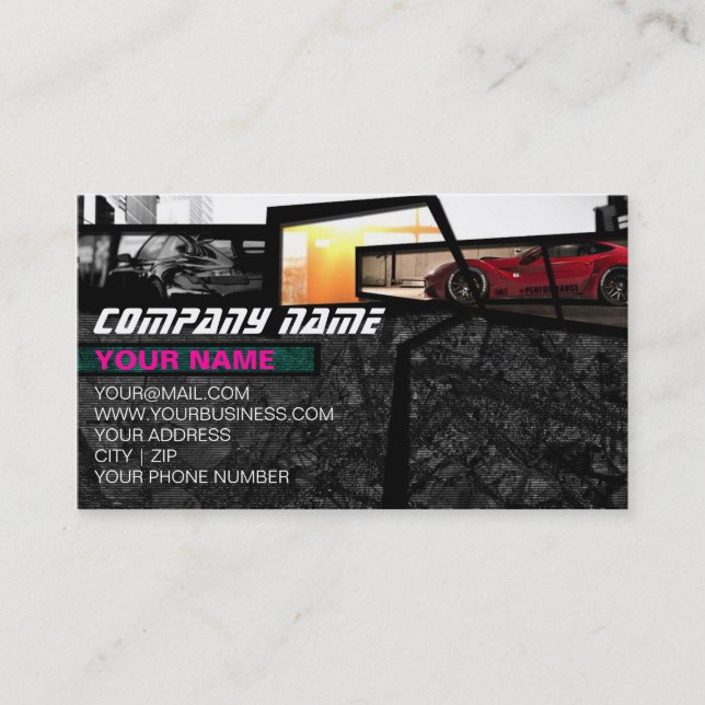 Supercars Fragment in Dynamic GARAGE Background Business Card (Front)
