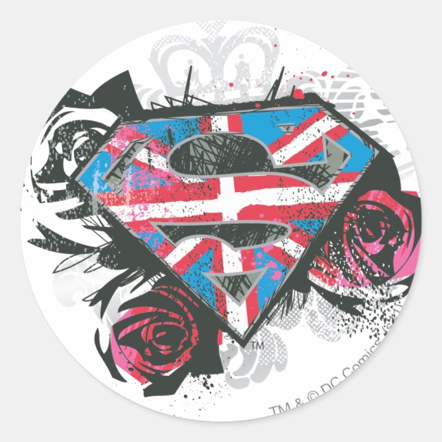 Supergirl British Flag and Roses Classic Round Sticker (Front)