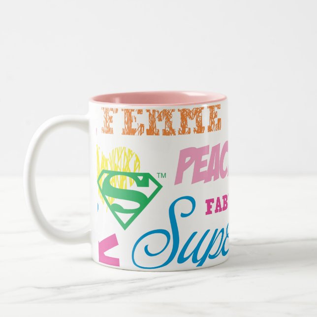 Supergirl Colourful Text Collage Two-Tone Coffee Mug (Left)