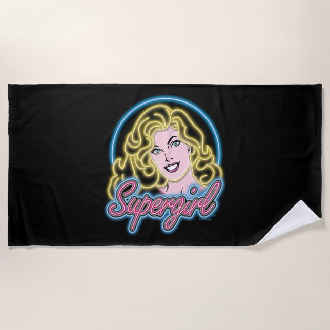 Supergirl Retro Neon Lights Graphic Beach Towel (Front)