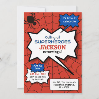 Superhero 5th birthday kids spider red black   invitation