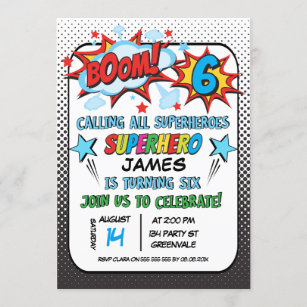 Superhero 6th birthday Party Invitation