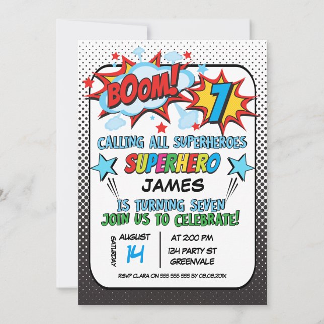 Superhero 7e anniversaire Fête Invitation (Devant)