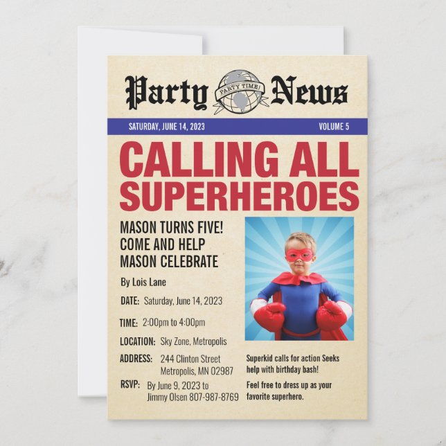 Superhero Anniversaire Fête Photo Invitation ・ Nou (Devant)