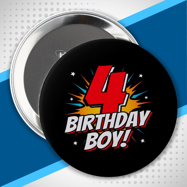 Superhero Birthday Boy - 4 Year Old - 4th Birthday 4 Inch Round Button (Creator Uploaded)