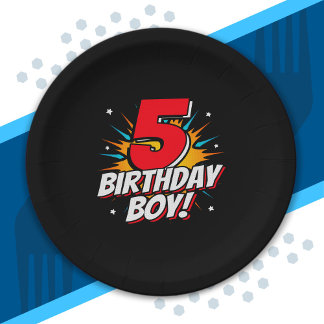 Superhero Birthday Boy - 5 Year Old - 5th Birthday Paper Plate