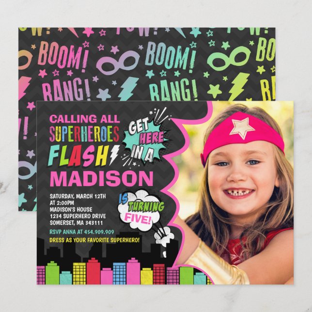 Superhero Birthday Invitation Pink Superhero Party (Front/Back)