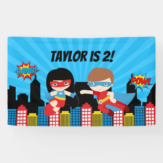 Superhero Birthday Party Backdrop Banner Boy Girl (Horizontal)