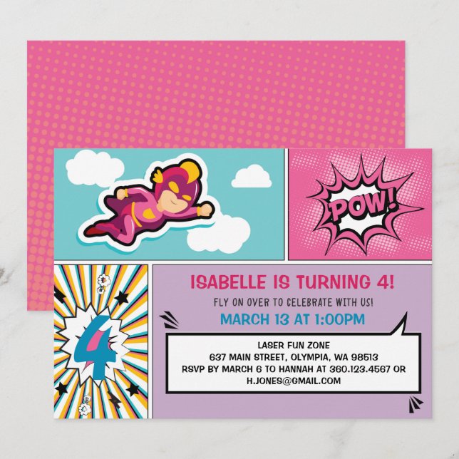 Superhero Birthday Party Invitation - Girl Colours (Front/Back)