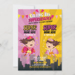 Superhero Birthday Sister Pink Yellow Joint Party Invitation<br><div class="desc">Superhero Birthday Sister Pink Yellow Joint Party Invitation! Perfect for any age age birthday,  Simply change the text to suit your party. Back print included.</div>