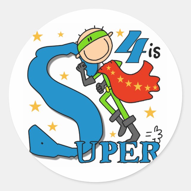 Superhero Boy 4th Birthday Tshirts and Gifts Classic Round Sticker (Front)
