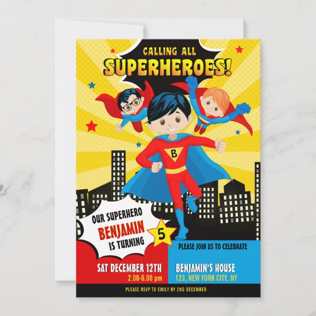 Superhero boy birthday party invitation (Front)