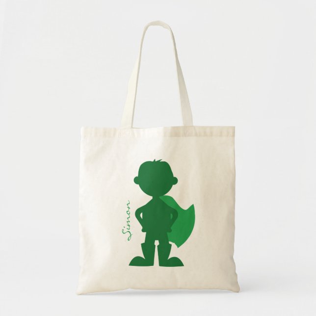Superhero Boy Silhouette Personalized Green Tote Bag (Front)