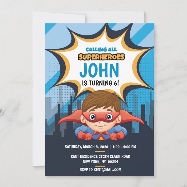 Superhero, Brown Hair, Party Invitation 5x7 (Front)