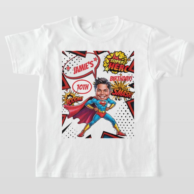 Superhero Caricature Action-Packed Boys Birthday  T-Shirt (Laydown)